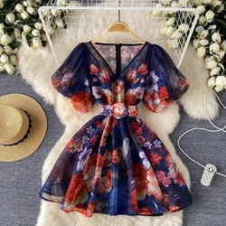 Retro  Print   Elegant v neck Chiffon puff sleeve Dress A-line Short Sleeve  Casual High Waist Women Summer dresses