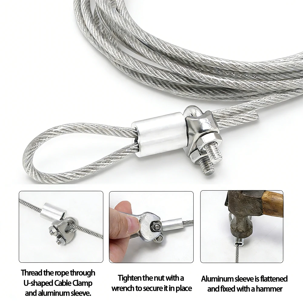 3mm 4mm Stainless Steel Wire Rope Kit with PVC Coating and Cable Clamp Spring Buckle for Clothesline Dog Leash Sunshade Tent