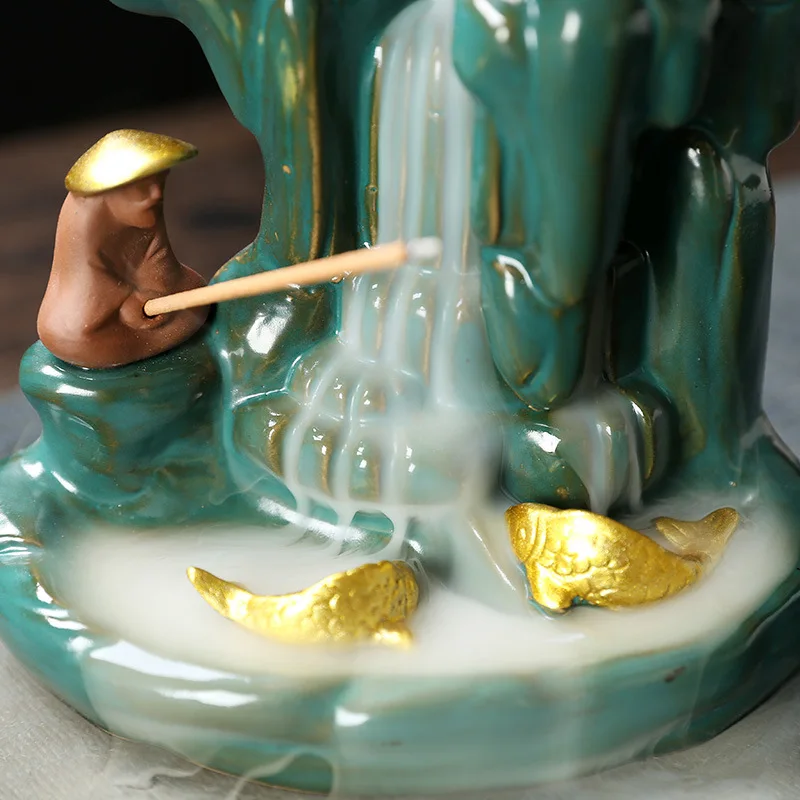 Fish Man Hanmade Ceramic Backflow Incense Stick Holder Gold For Home Decor Aromatherapy Ornament