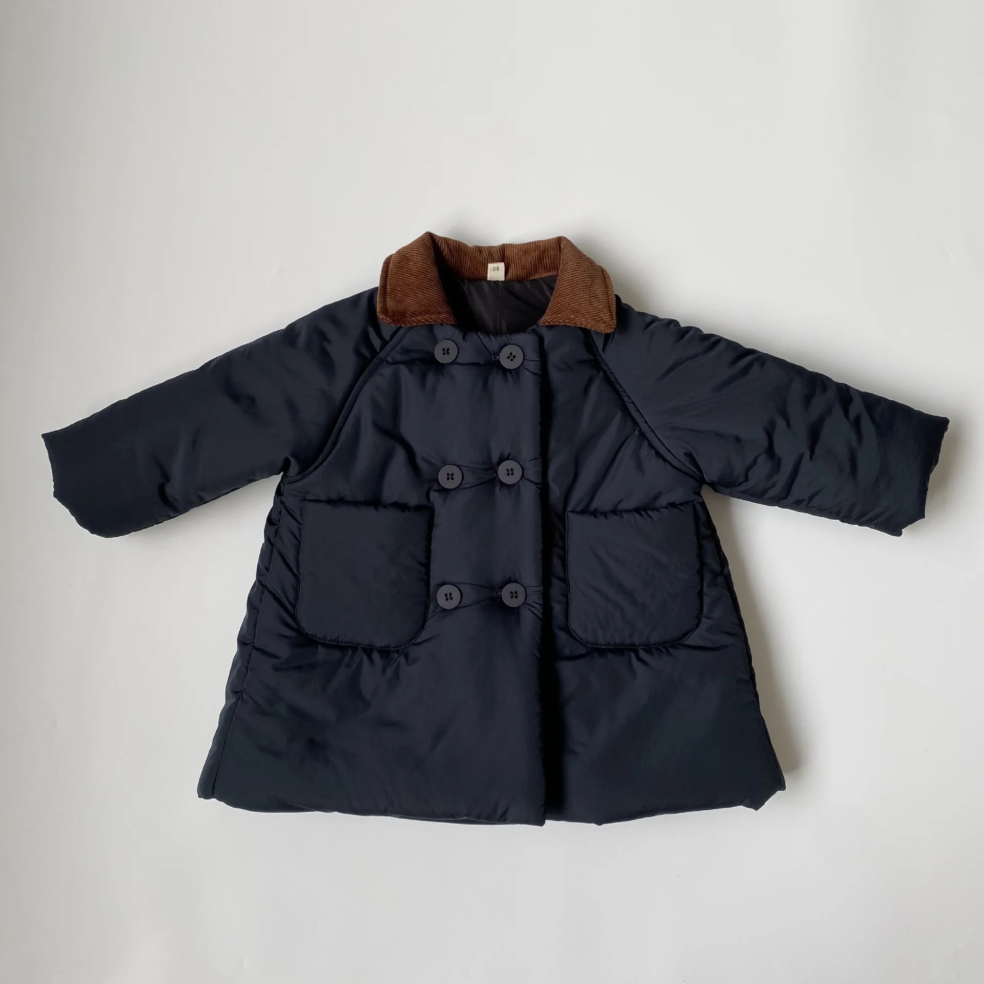 Boys Children Solid Long Cotton-padded Jacket Turn-down Collar Corduroy Thick Cardigan Girls Warm Comfortable Outwear Coat