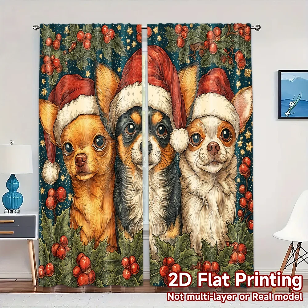 2D Flat Printing,JIT 2pcs, Curtains (Without Rod) Festive Pups Sleigh Popular Curtains Digital Printed Versatile 100% Polyester