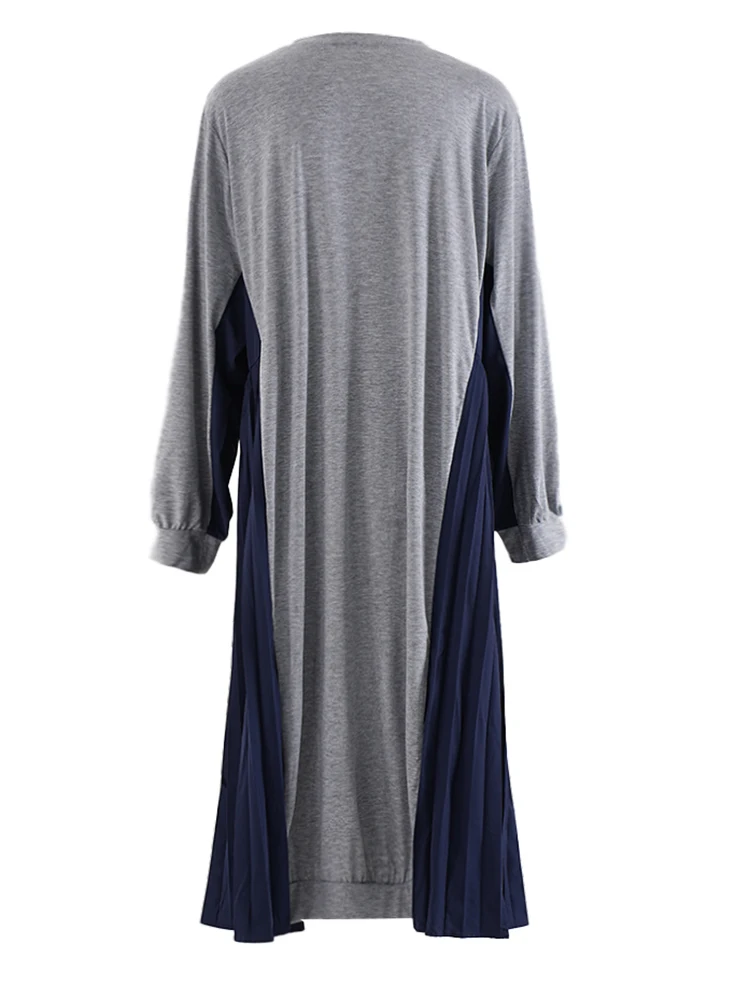 [EAM] Women Gray Blue Color-block Pleated Big Size Midi Dress New Round Neck Long Sleeve Fashion Tide Spring Autumn 2024CPG2346