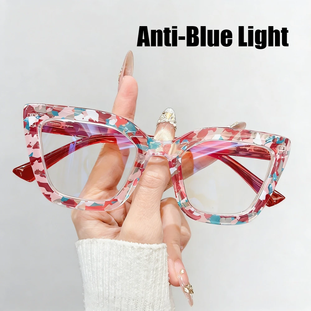 Unisex Large-Frame High-Definition Blue Light Blocking Glasses Floral-Print Regular Glasses Fashionable Cat-Eye Computer Glasses
