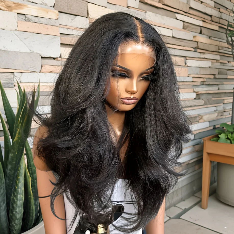 

Soft Yaki Preplucked Black Kinky Straight Wave 26“Long Lace Front Wig For Women 180 Density 26inch Babyhair Glueless Daily