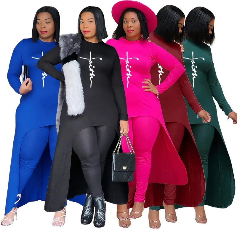 

L-4XL 2024 Winter Plus Size Women Clothing Two Piece Sets African Solid Color Long Sleeve Irregular Top and Pant Suits Wholesale