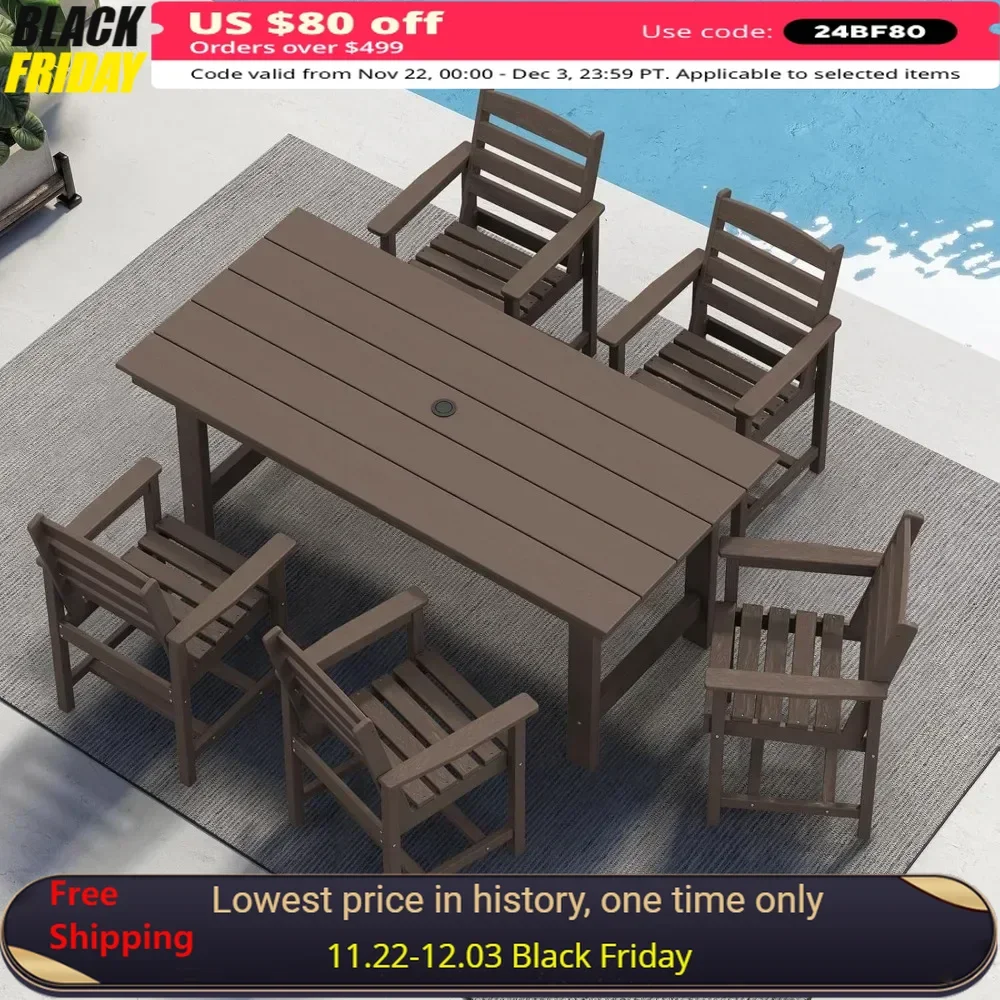 Outdoor Dining Sets, Outdoor HDPE Dining Furniture Set with Umbrella Hole Cut-Out Table and 4 Chairs, All Weather Dining Set