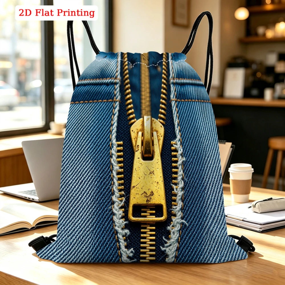 Denim Zipper Print Drawstring Bag, Travel Shoe Bag, Fitness Sports Outdoor Backpack