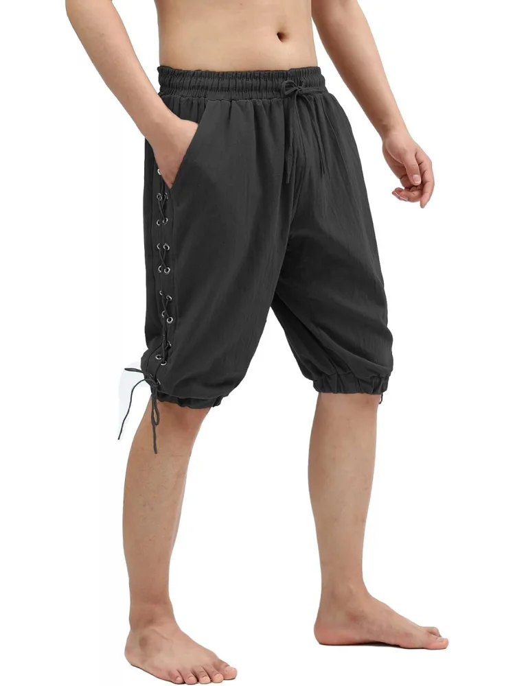 Men’s Pirate Shorts Medieval Viking Navigator Renaissance Banded Pants Gothic Linen Costume Shorts