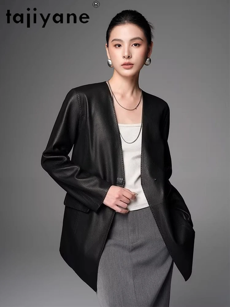 TAJIYANE Jacken aus echtem Ziegenleder, stilvolle Mäntel mit V-Ausschnitt, mittellange Jacke aus echtem Leder, Damenjacke, 2025, Herbst-Damenkleidung, 12.71