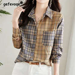 Plaid Printing Blouse Female Spring and Autumn 2023 New Turn-down Collar Patchwork Pockets Long Sleeve Single Breasted Shirt