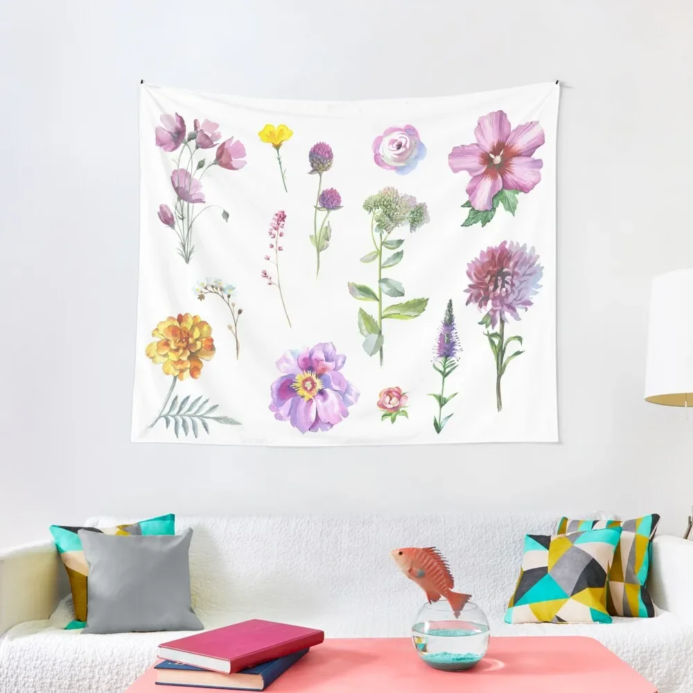 Watercolor Wildflowers Set Tapestry Home Decoration Accessories Aesthetic Home Decor Wallpaper Bedroom Tapestry