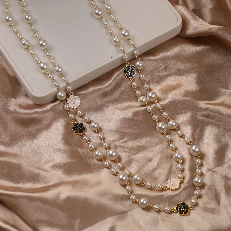 long pearl kpop chain brand neckless beads jewelry on the neck flowers femme necklace for women girls accessories gift 2022