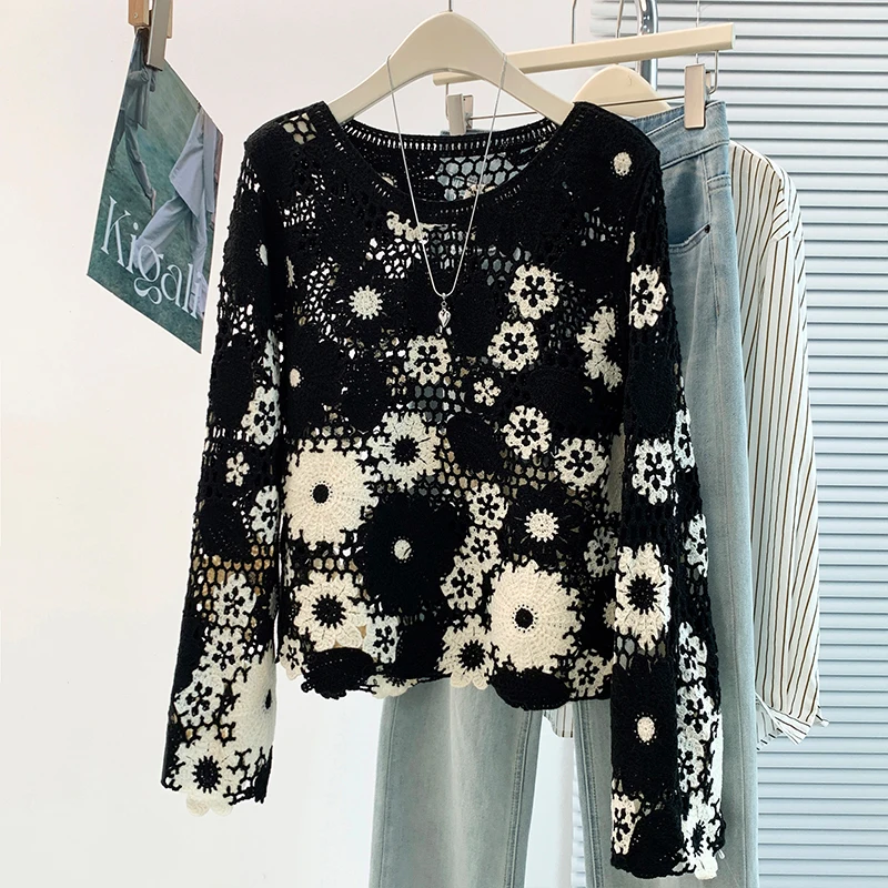 Laid-back Vacation Style Color Block Knitted Hollow out Casual Women's Outerwear Slimming Top Trendy Cotton Long Sleeve