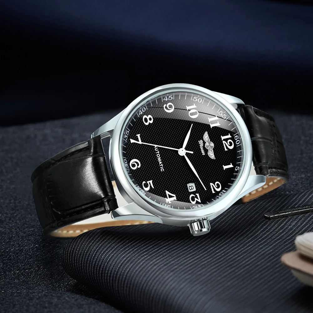 Winner Klassische Business-Armbanduhr für Herren, Retro-Kalender, blaue Zeiger, automatische mechanische Uhren, Top-Marke, Luxus-Stahl-Ledergürtel – Detail 5