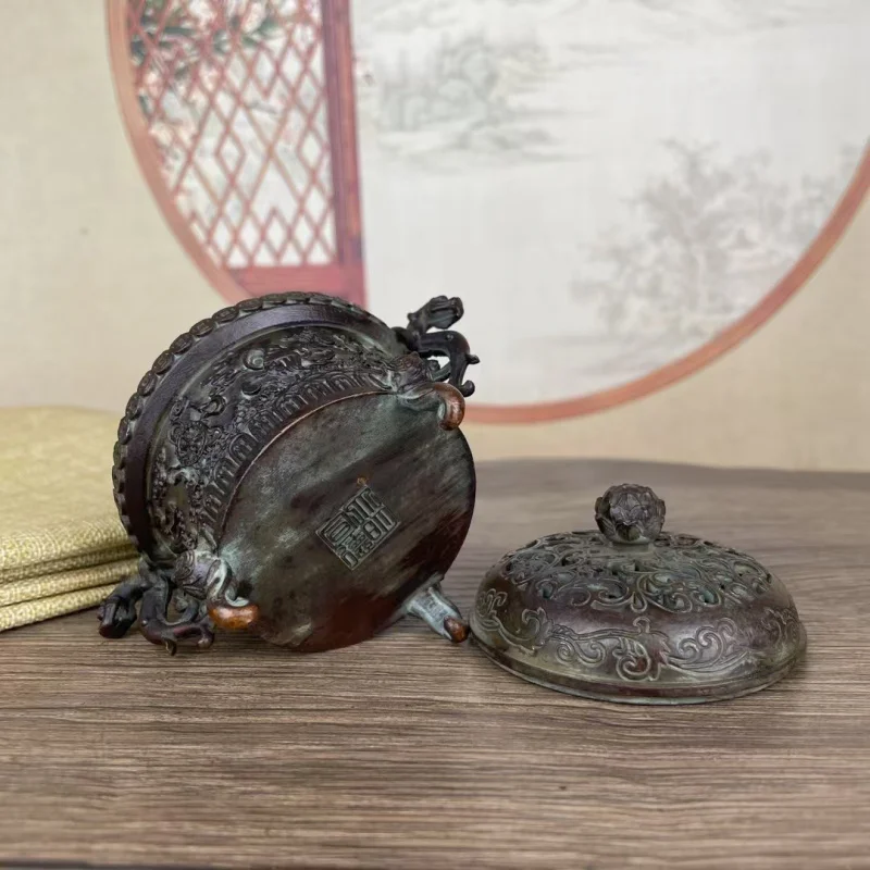 Antique Style Alloy Copper Eight Treasures Dragon Ear Three-Legged Incense Burner Vintage Home Decor Ornam