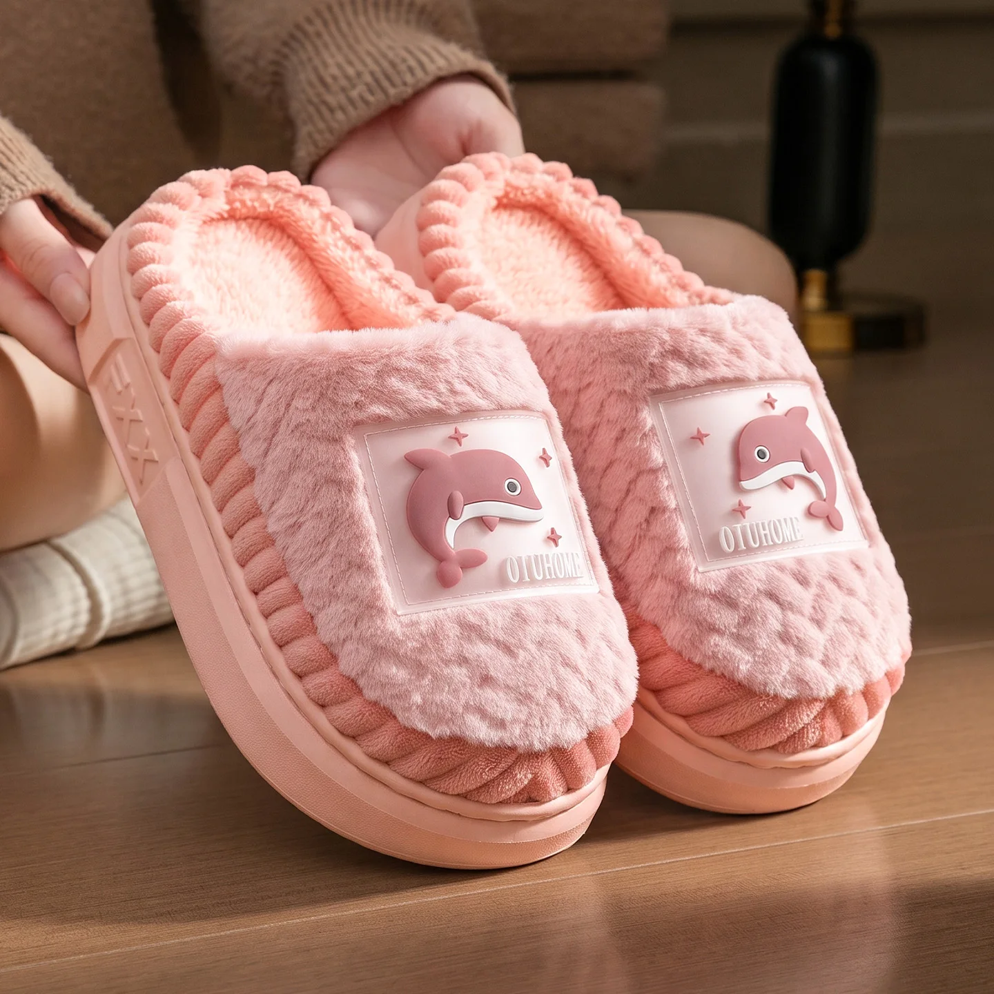 Winterwarme Hausschuhe für Damen und Herren, niedliche Wal-Cartoon-Plattformschuhe mit dickem Plüsch, rutschfeste, weiche EVA-Sohle, Indoor-Schlafzimmer-Slides, Mules – Detail 4