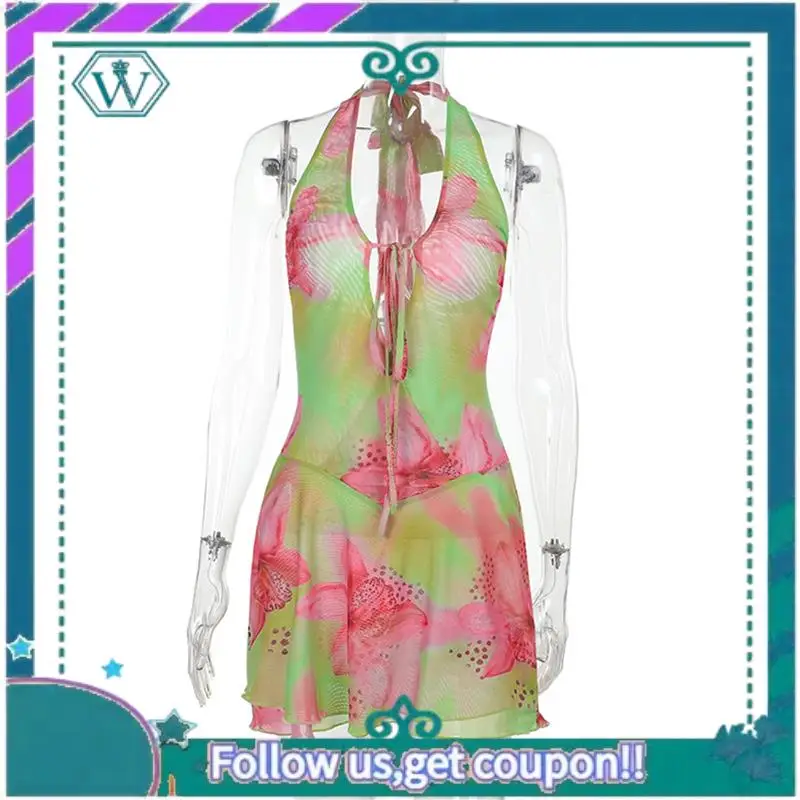 A09P Women Halter Low Neck Mini Dress Cutout Sleeveless Boho Short Dresses Open Back Night Party Going Out Sundress