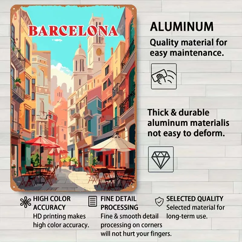 A Day in Barcelona City Skyline Metal Poster Art Mural Vintage Metal Tin Sign for Wall Art Decoration Home Decoration Luxury