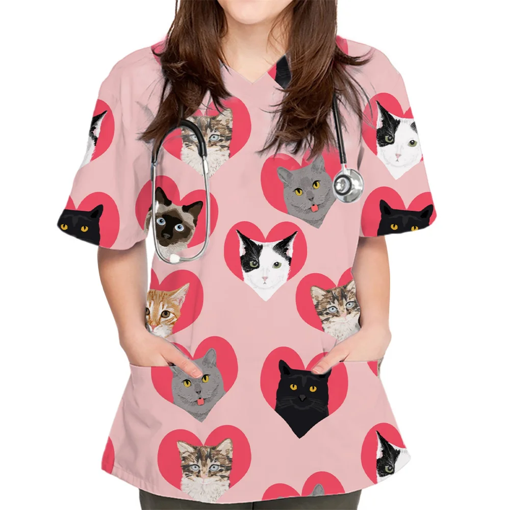 Women's Scrub Top Cute Cat Cartoon Print V-Neck Durable Stretchy Microballistic Perfect For Summers Nursing Uniforms Women Top