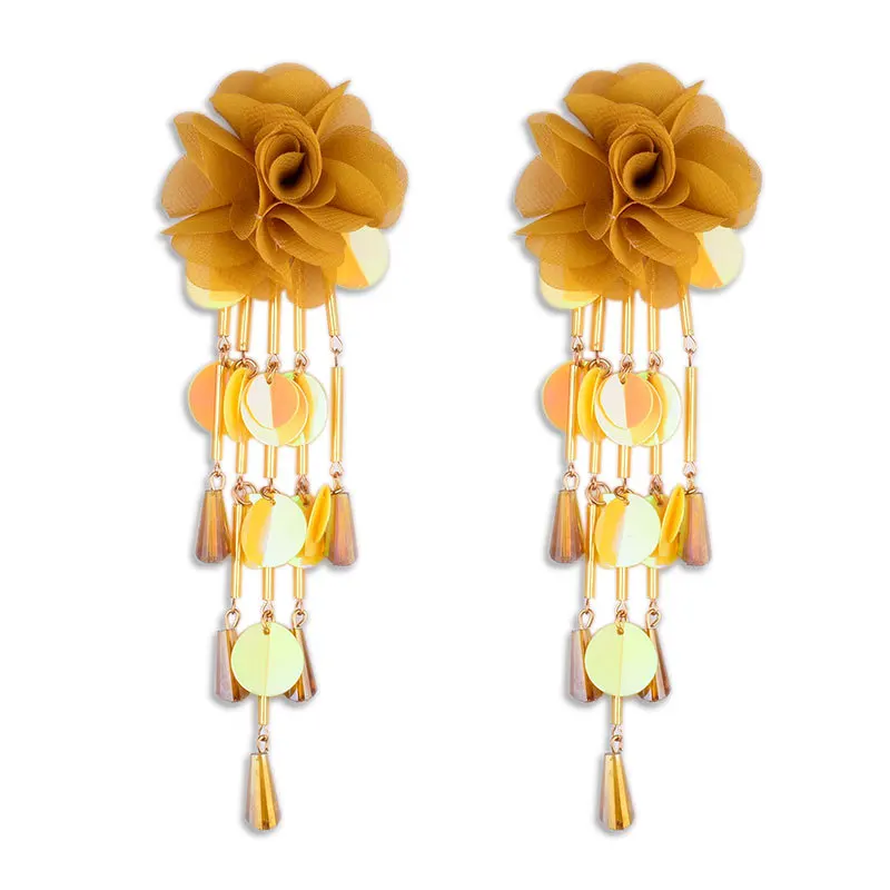 1 Pair 15.5x5.5cm Pink/yellow/green/white/red fashion summer style fabric petal flower earrings hand beaded long Tassel Earrings