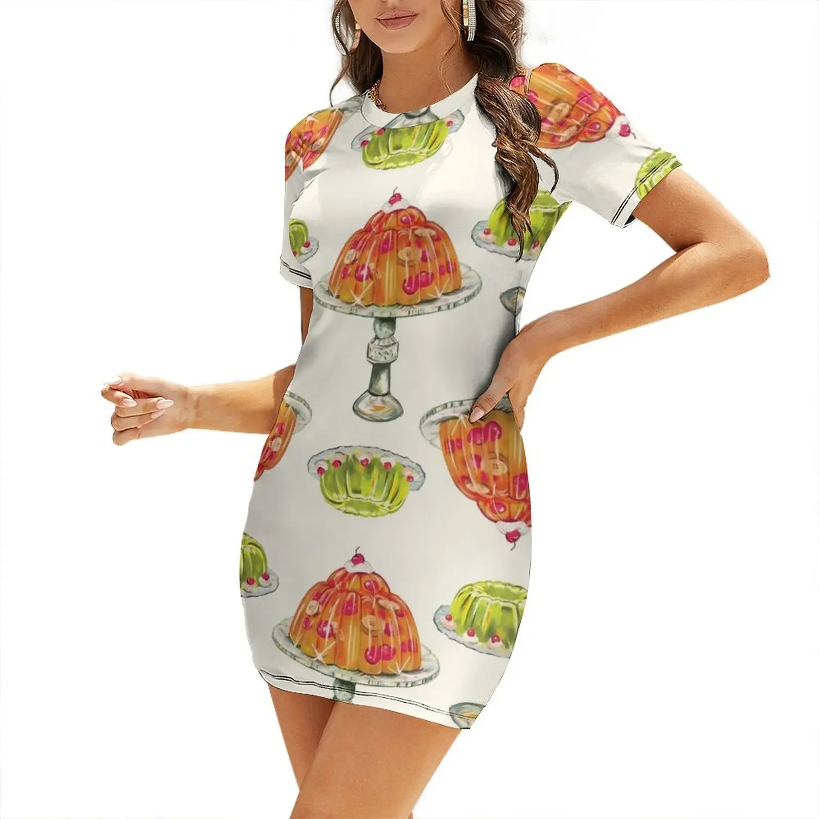 

Vintage Cherry & Lime Jello Mold Pattern. Cute & Nostalgic Kitchen Wall Decor Gift Short-Sleeved Dress luxury woman party dress