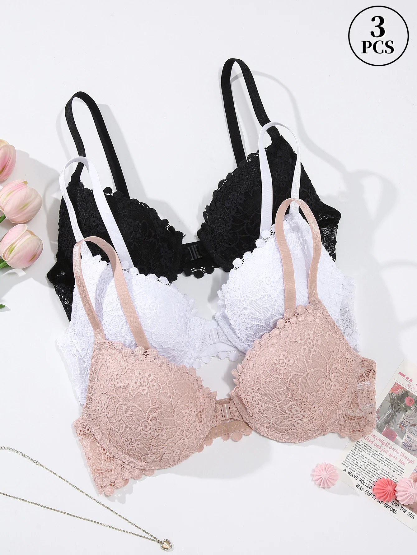 

Комплект из 3 предметов: женские сексуальные кружевные бюстгальтеры с застежкой спереди. Элегантный и изысканный дизайн, стильный, но удобный. Идеально подходит для дня.