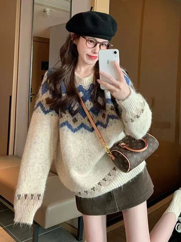 

Jmprs Vintage Argyle Sweet Sweater Women Lazy Wind O Neck Long Sleeve Knitted Jumpers Korean Casual Fall Winter Retro Pullover