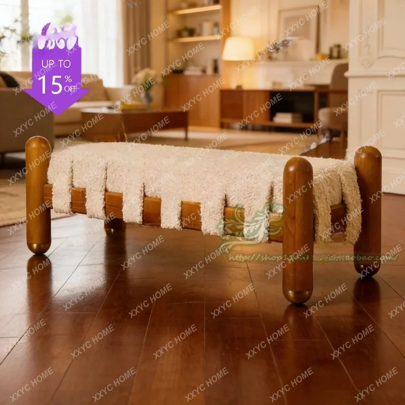 

L Medieval solid wood home shoe changing stool solid wood bedroom bedside stool lamb wool sofa bench