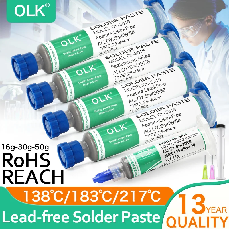 OLK Low Medium High Temperature Lead-Free Syringe Solder Paste Sn42bi58 SMD Led Iphone Repair Soldering Welding Paste 138℃