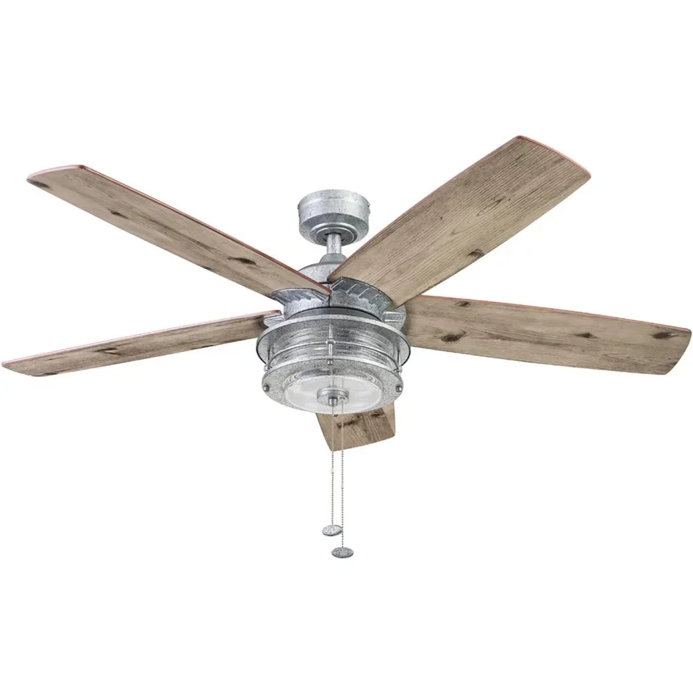 52 Inch Farmhouse Indoor Outdoor Ceiling Fan with Light, Pull Chain, Dual Mounting Options, Dual Finish Blades, Reversible Motor