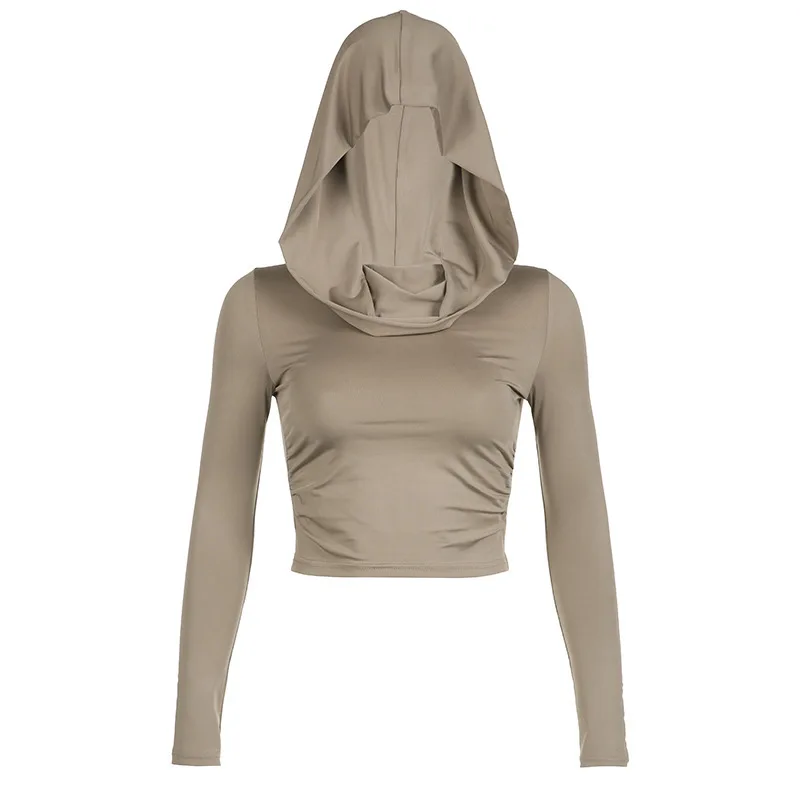 Casual Hoodie T-irt Women's Slim Fit Wrinkled Long Sve Crew Ne  Color Top Casual Streetwear Spring 2023