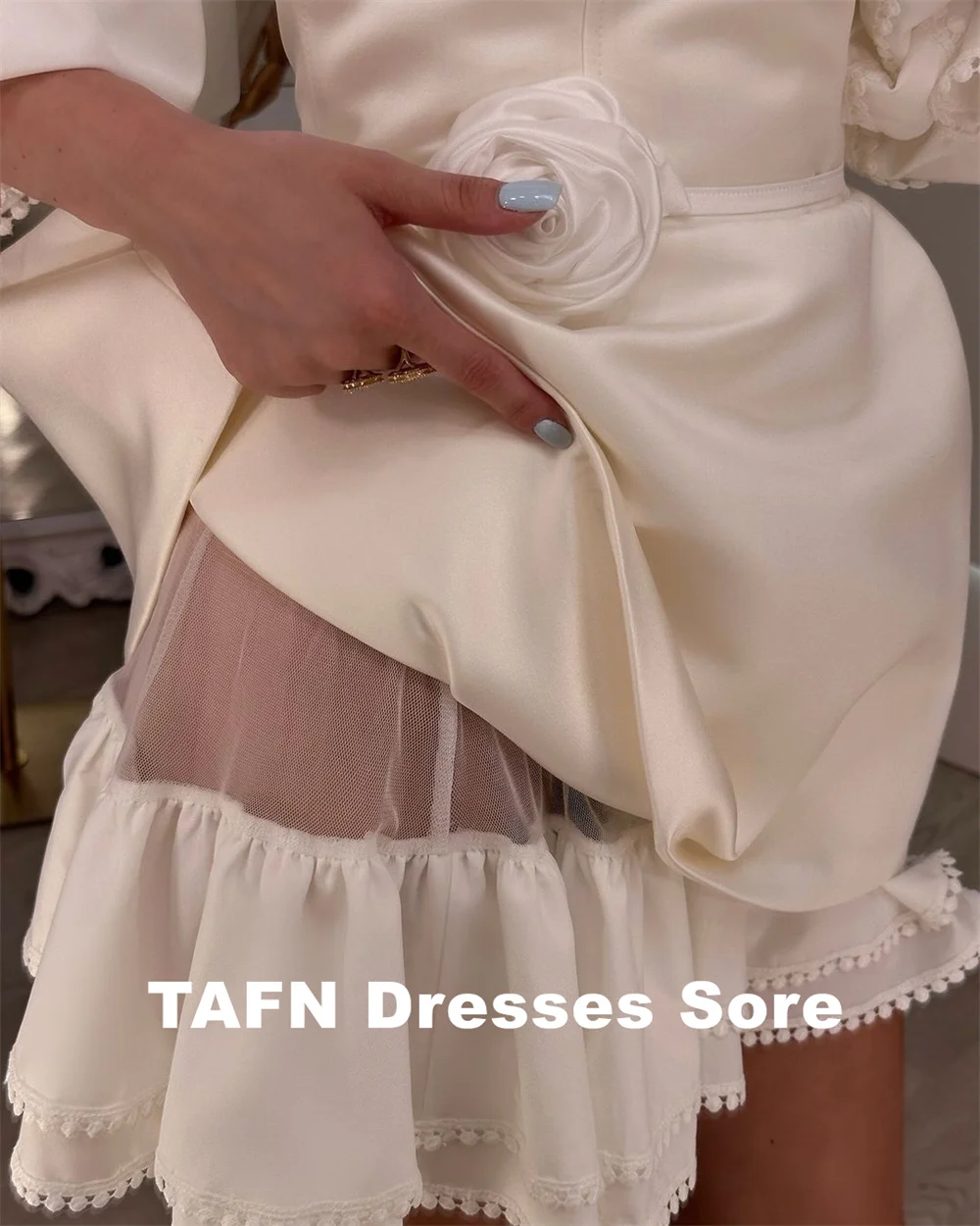 TAFN-Handmade Flower Wedding Vestidos, vestido de noiva curto, mangas destacáveis, uma linha sem alças, Evening Party