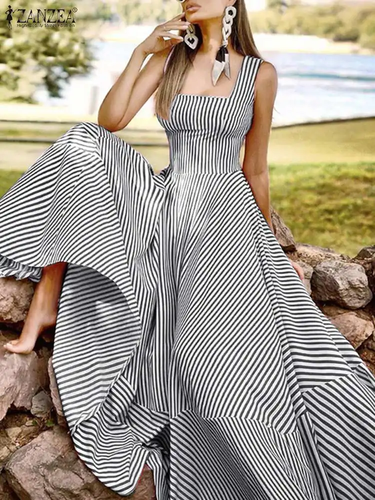 2023 Summer France Elegant Maxi Dress Women Chic Striped Print Robe Longue Beach Party Sleeveless Dresses Holiday Tank Sundress