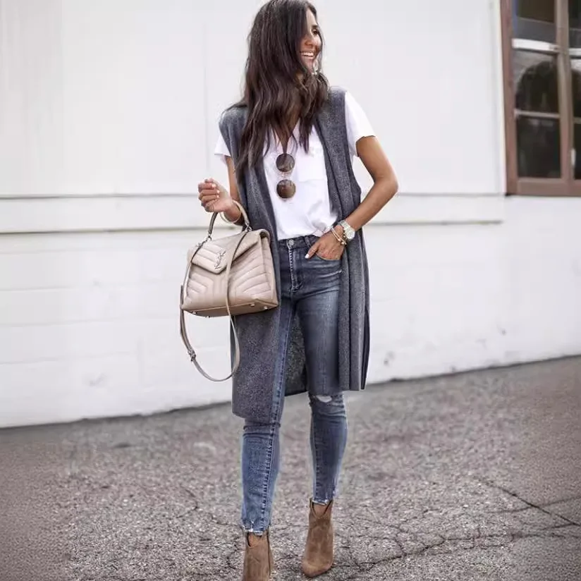 Cárdigan de punto largo sin mangas para mujer, ajuste relajado en la parte delantera abierta, opciones multicolores para un aspecto informal y elegante en capas, uso diario