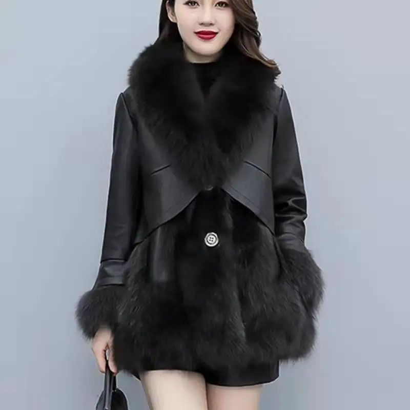 

Women's Korean Style Faux Fox Fur Coat - Autumn Winter Slim-Fitting Mid-Length Faux Fur Leather Jacket for Ladies