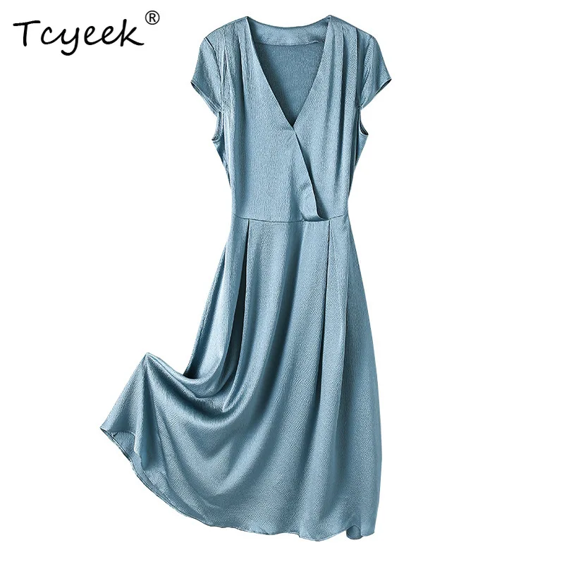 

Birdtree 91,8% шелковые платья из тутового дерева 8,2% спандекса, элегантное платье с v-образным вырезом и короткими рукавами в интеллектуальном стиле, новинка осени 2023, D39752QC