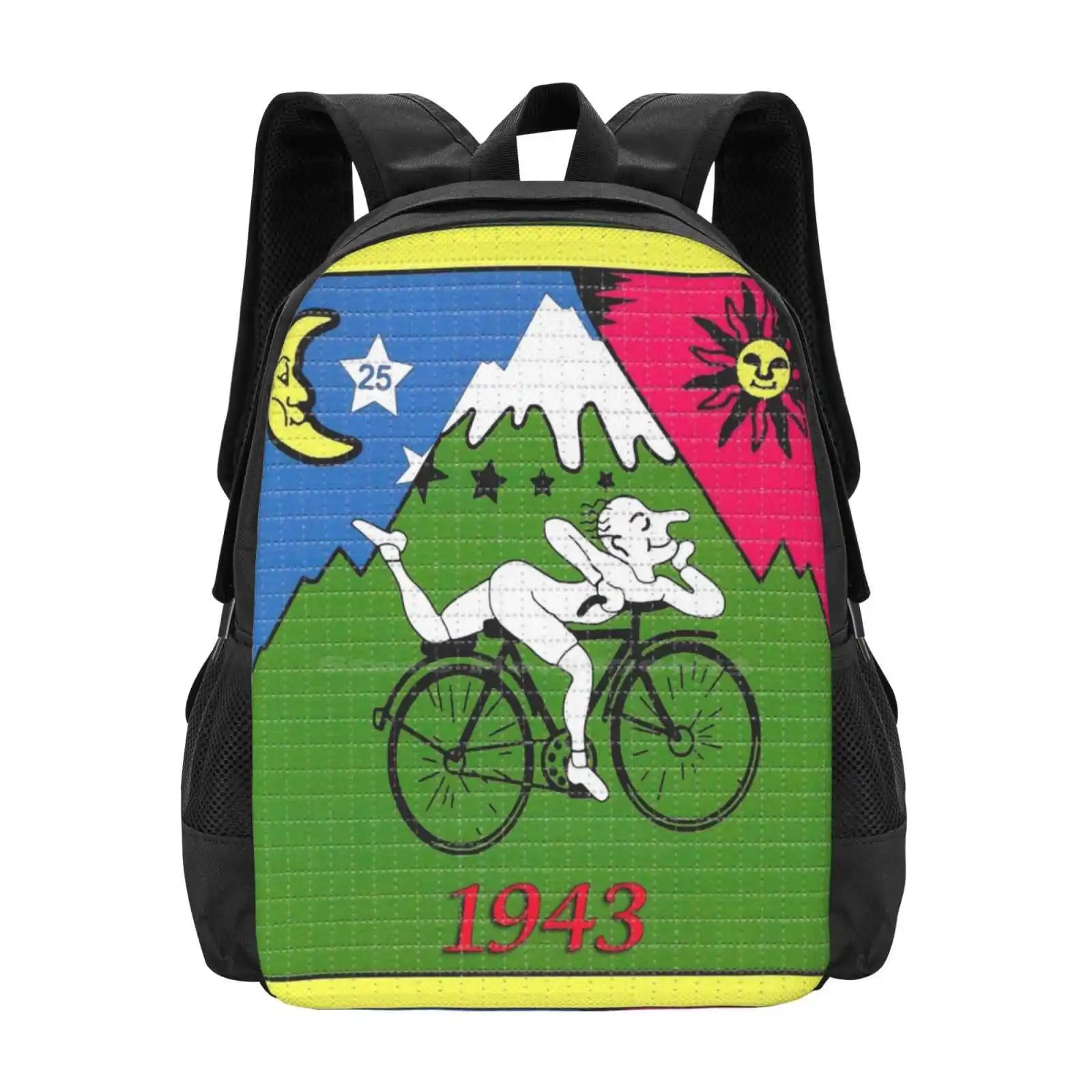 Lsd-Albert Hofmann-Bicycle Day Teen College Student Backpack Pattern Design Bags Lsd Albert Hofmann Bike Bicycle Discovery