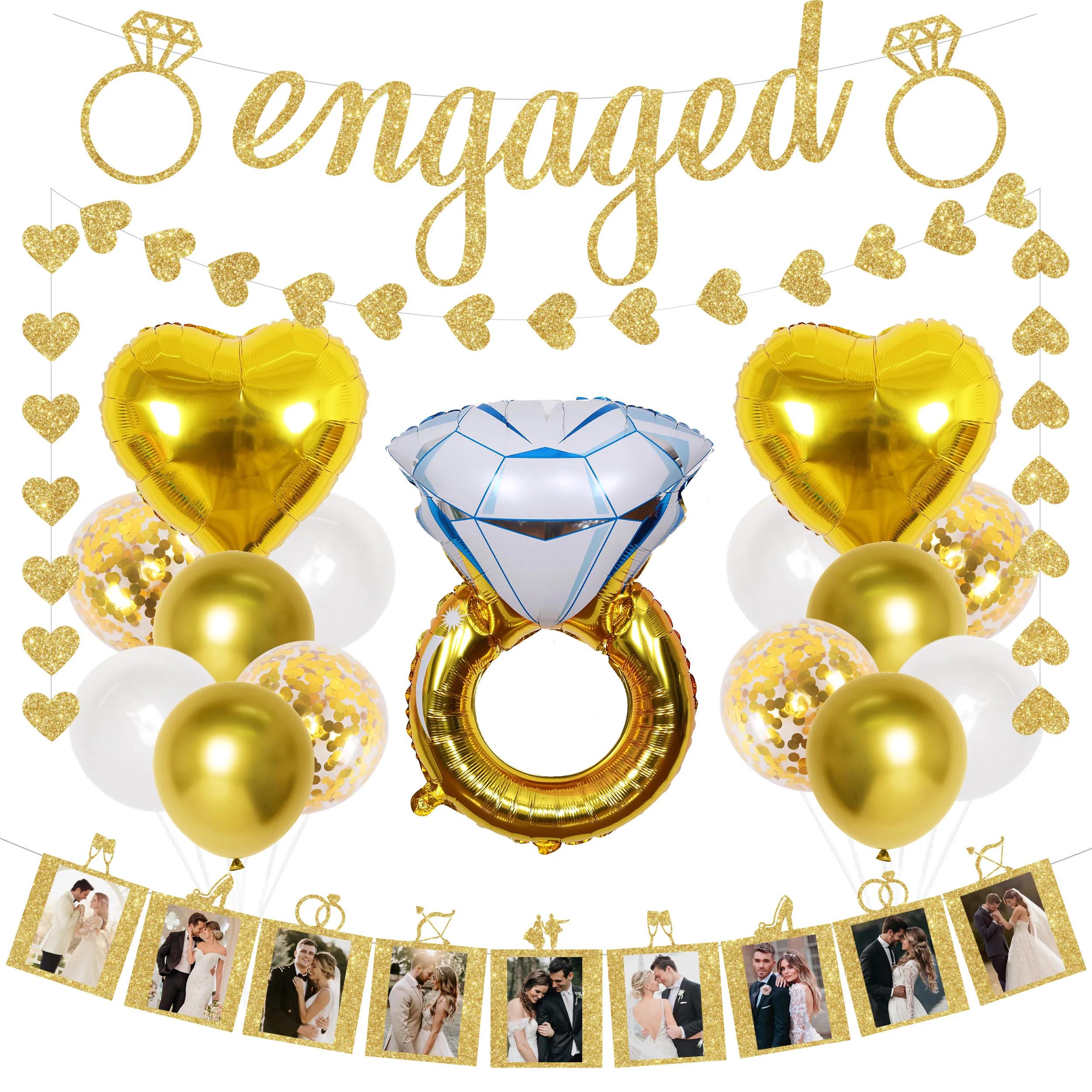 

Engagement Wedding Decorations Gold Engaged Banner Photo Banner Diamond Balloon Engagement Bridal Shower Proposal Party Supplies