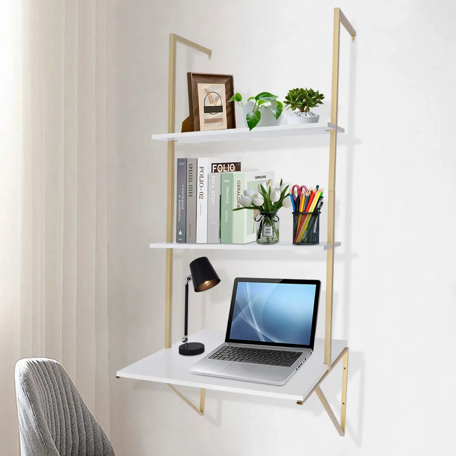 100x50cm Ladder Desk Wall Mounted Table 3 Tiers Table Shelf Computer Laptop Desk