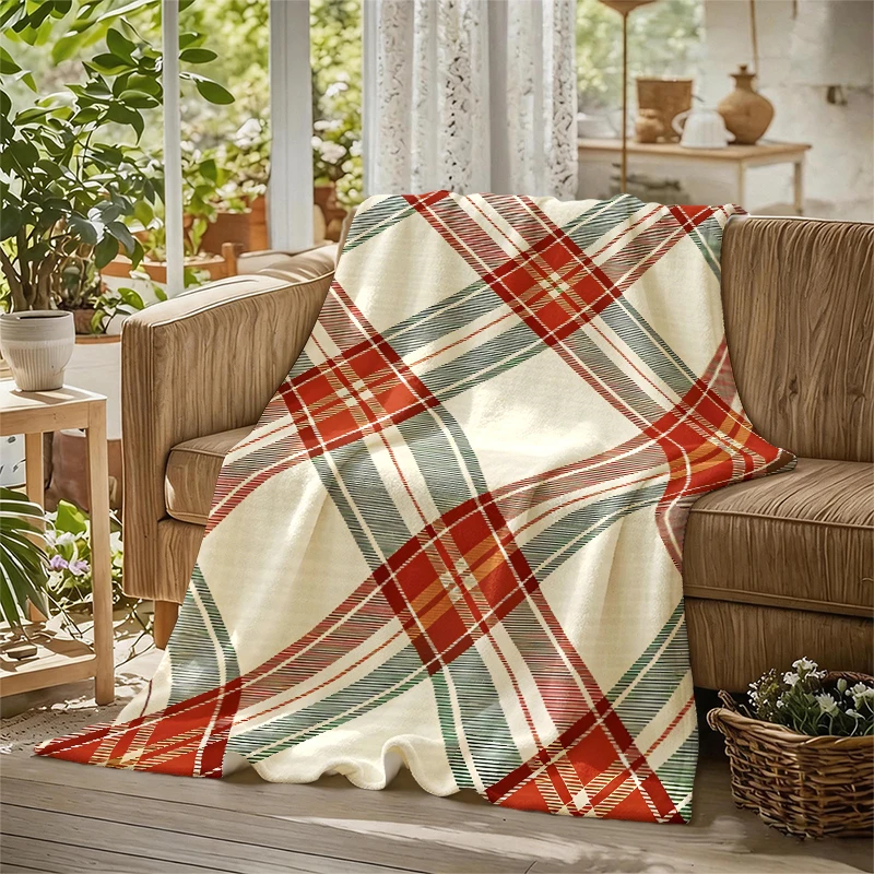 Red Beige Green Diagonal Flannel Blanket Soft Warm Christmas Halloween Blanket for Lightweight Cozy Room Home Decor Gifts