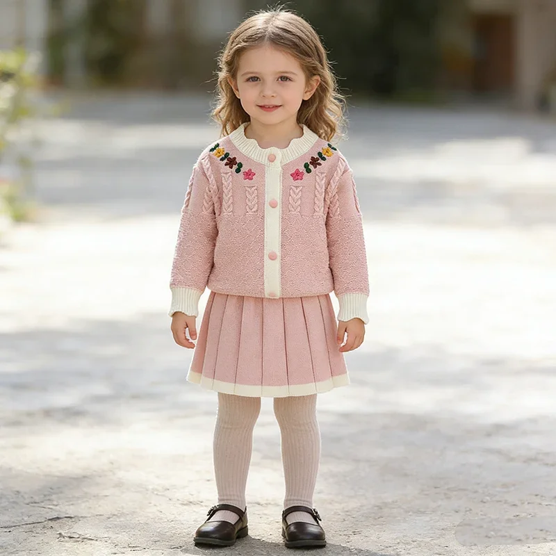 2026 New Spring Children Knitted Clothes Set 2-6Yrs Baby Girls Clothing Set Long Sleeved Knitted Cardigan Coat+Short Skirt