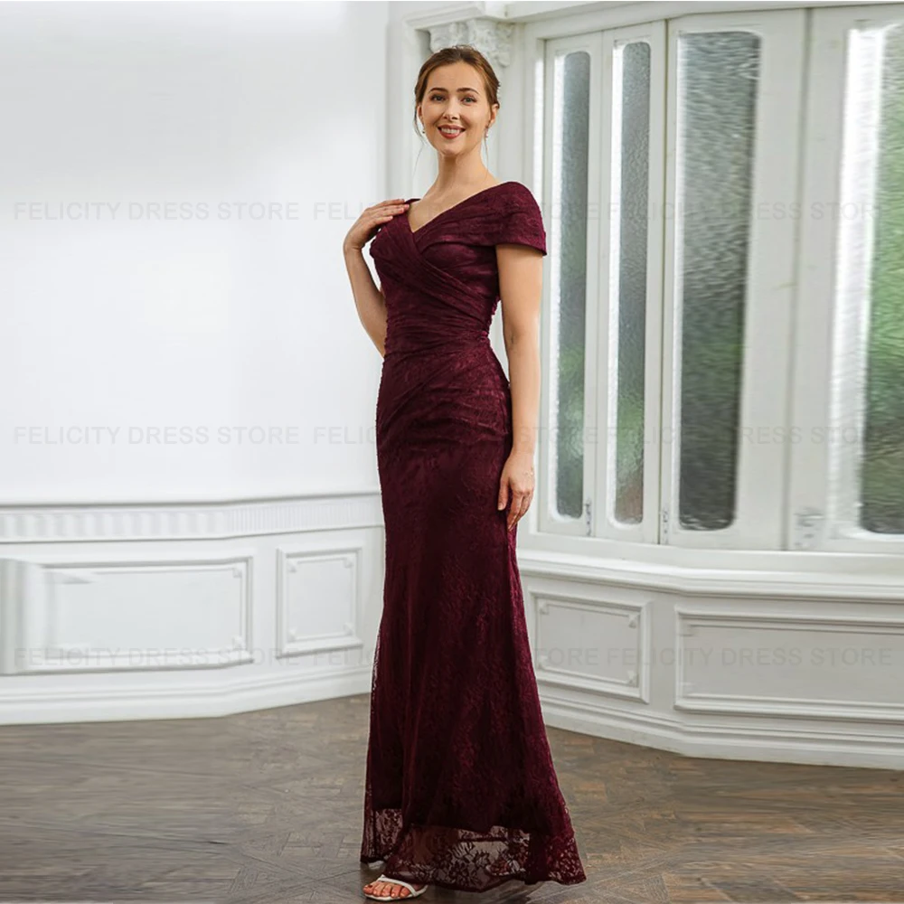 Exquisite Wedding Guest Dresses Sheath V-neck Mother of the Bride Dress 2023 Short Sleeve Floor-Length Pleated Lace Evening Gown