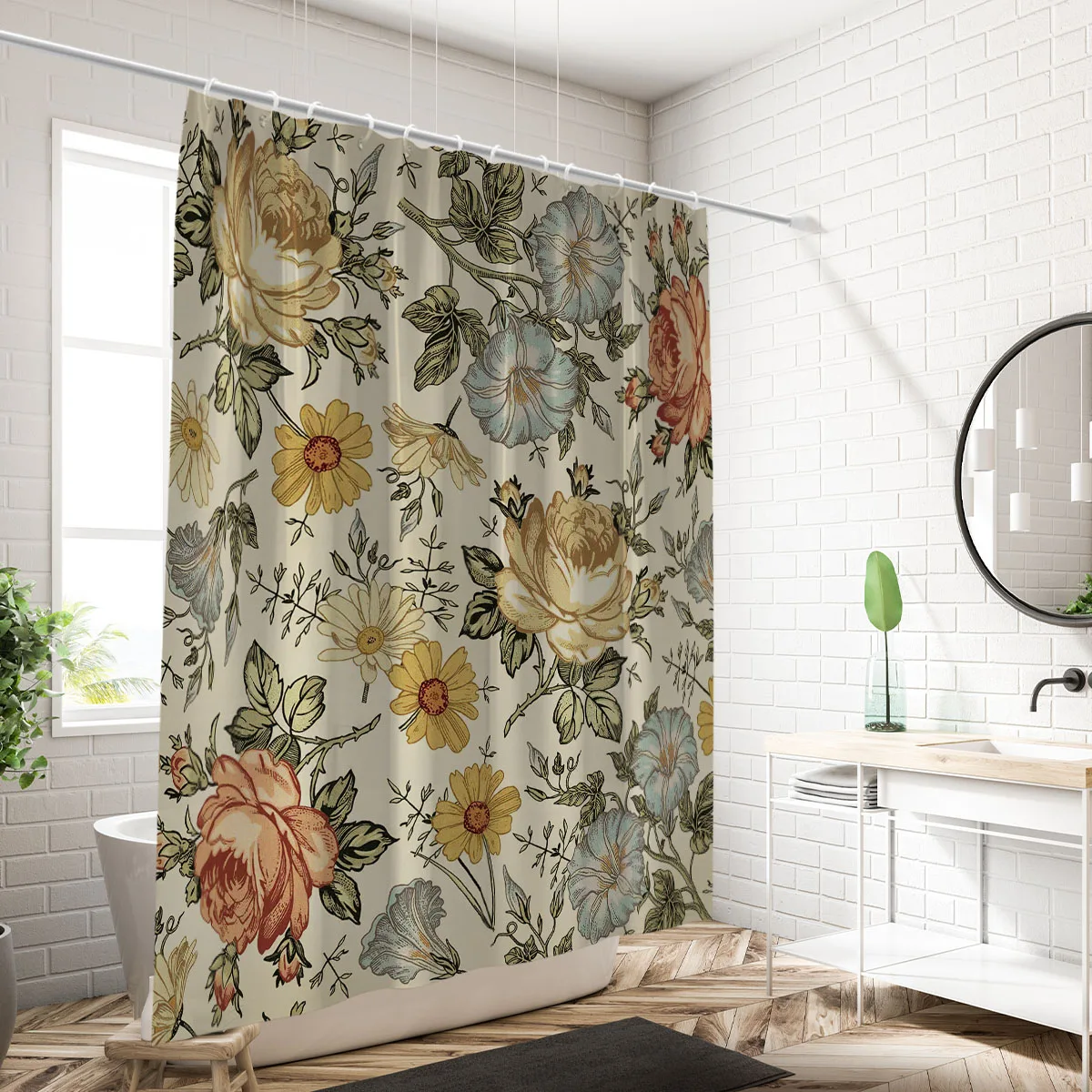 1PC retro flowers pattern printed shower curtain, waterproof and washable, with 12 hooks, suitable for bathroom showers, bathtu