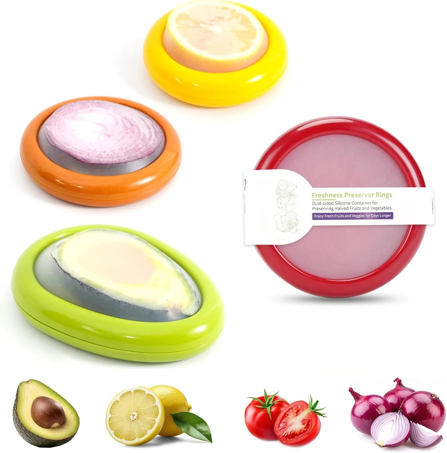 Juego de 4 protectores reutilizables para frutas y verduras - Ideales para aguacates, tomates, manzanas, ajo, cebollas y más