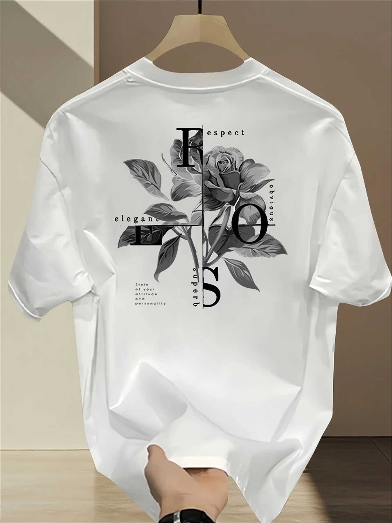 Stylish Men's T-shirt, 100% Cotton, Printed Rose Pattern, Casual, Comfortable, Versatile, Trendy, Loose Fit