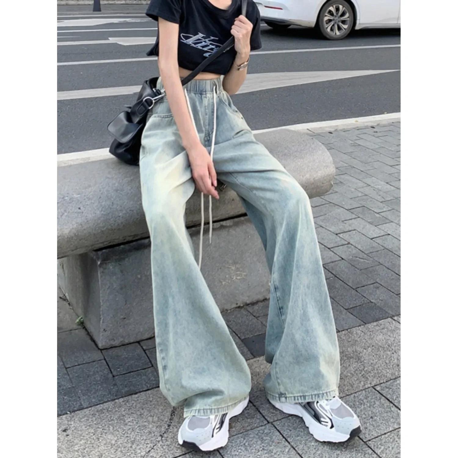 Lange Damen-Hose mit lockerer Passform, schlankmachender Wirkung, Stretch-Denim, bodenlange Hose, hohe Taille, weites Bein, gerades Bein