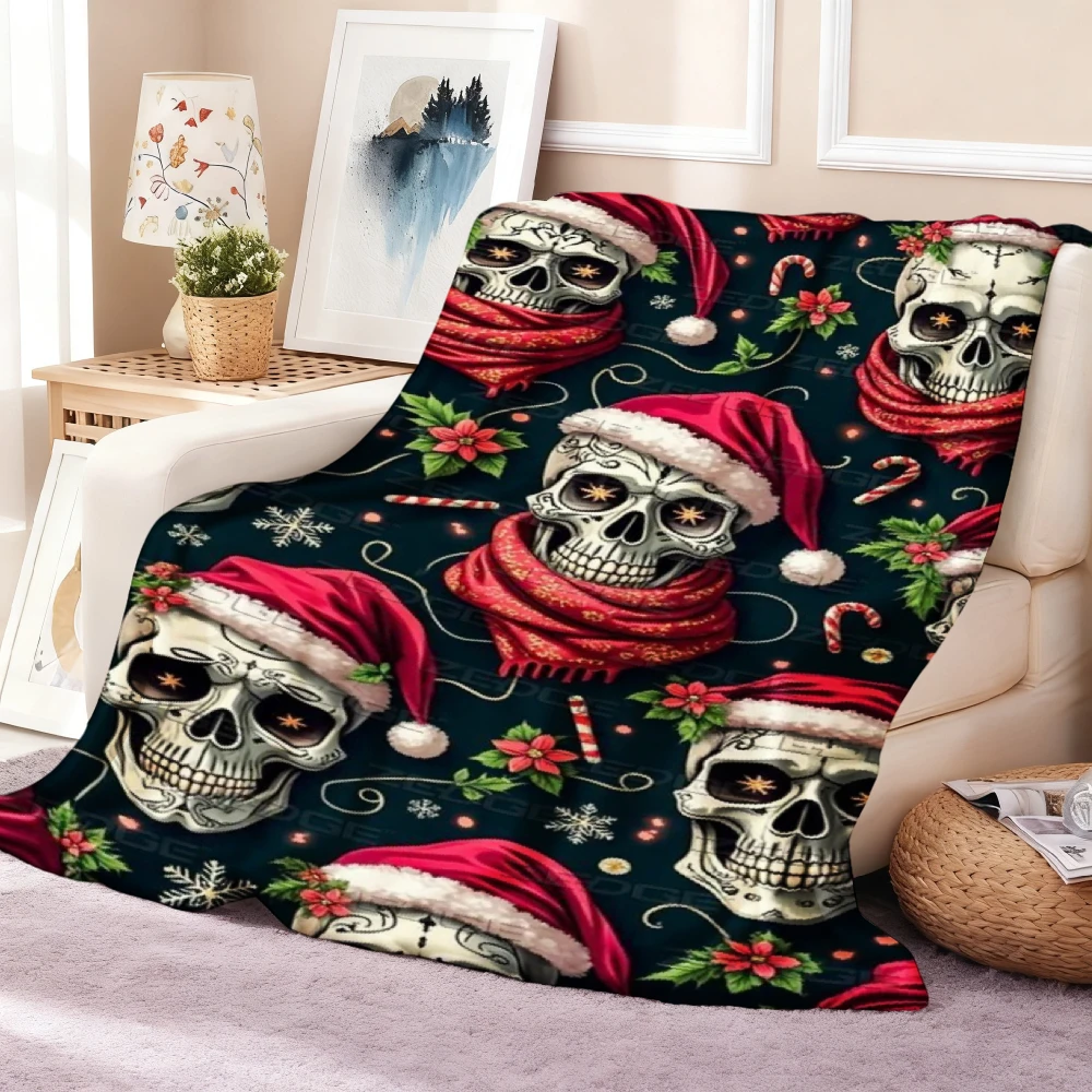 Gothmas Flannel Blanket Gothic Christmas Hat Skull Printed Throw Blanket for Winter Festival Deco Fluffy Bedpread Gothmas Gift