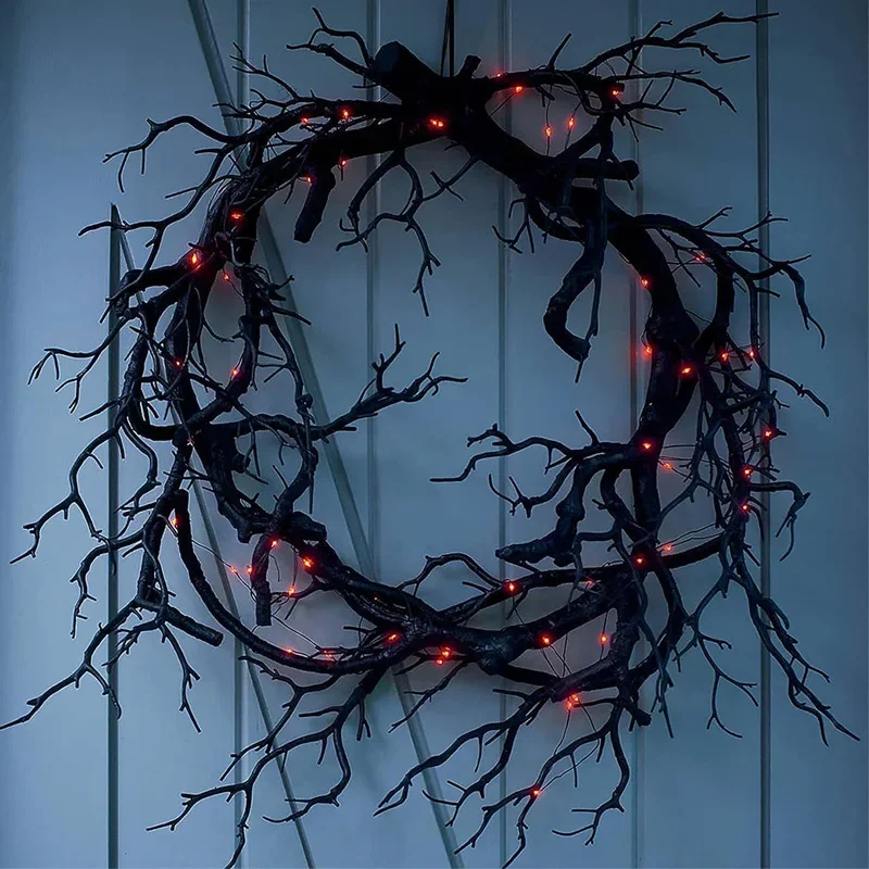 Halloween Decorations Wreath Decoration for Front Door LED Lights Glitter Black Branch Scary Home Indoor Outdoor Party Decor