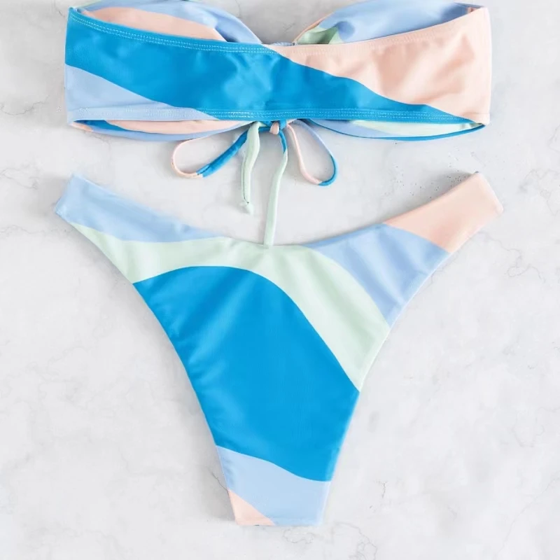 Sexy Swimsuit Two-piece Pink And Green Color Sleeveless Strapless Bra Low-waist Breathable Briefs Two-piece Set