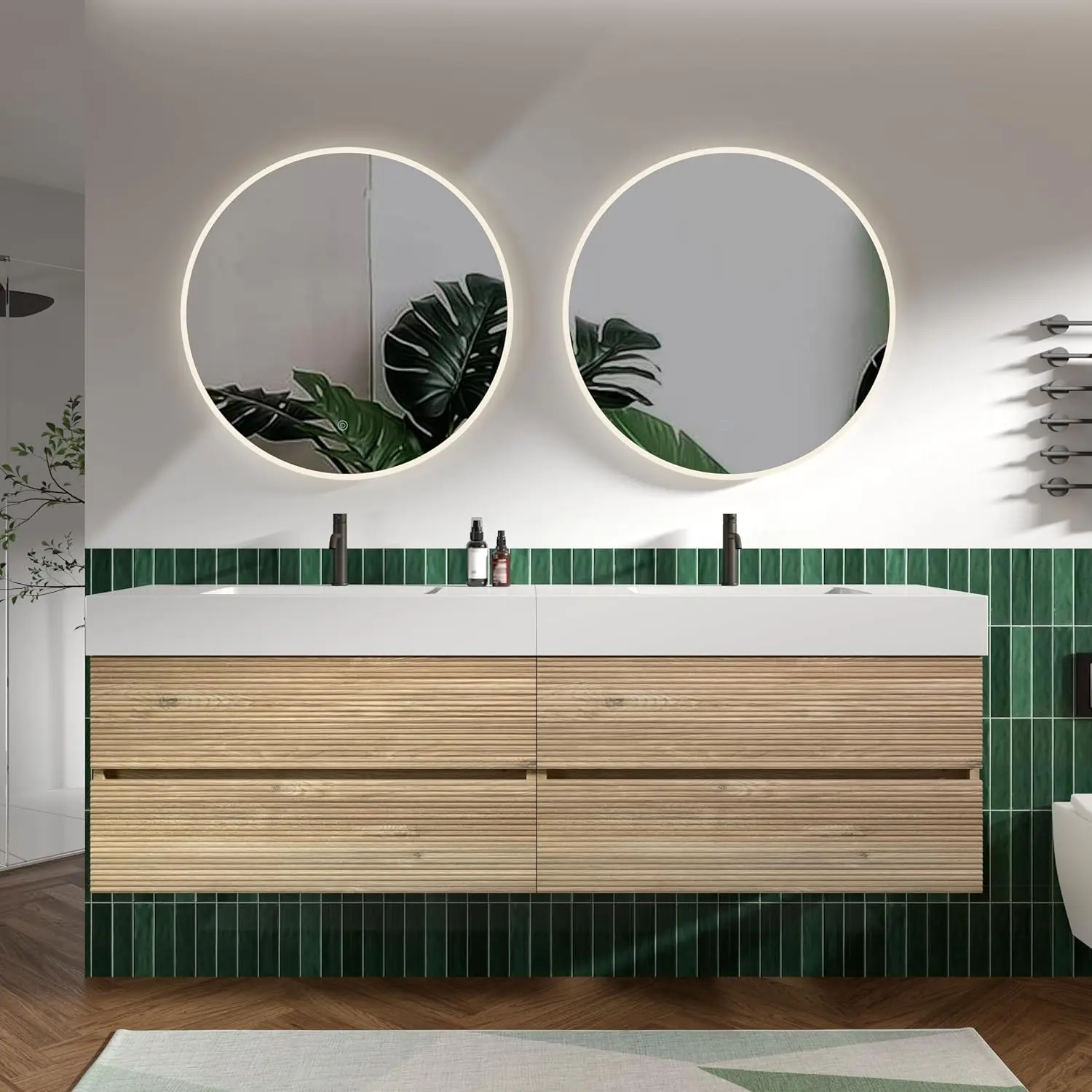 &c Modern Hotel Bathroom Vanity Cabinet with Illuminated Mirror Wall-Mounted Design Wood Countertop Double Sinks Ceramic Basin